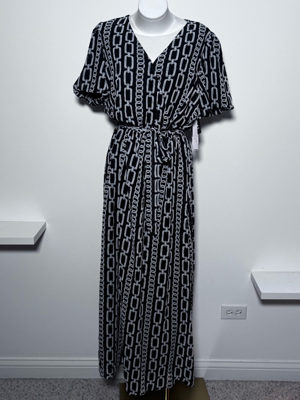 Signature by Robbie Bee Black Chain Link Print Dress Size 14 NWT